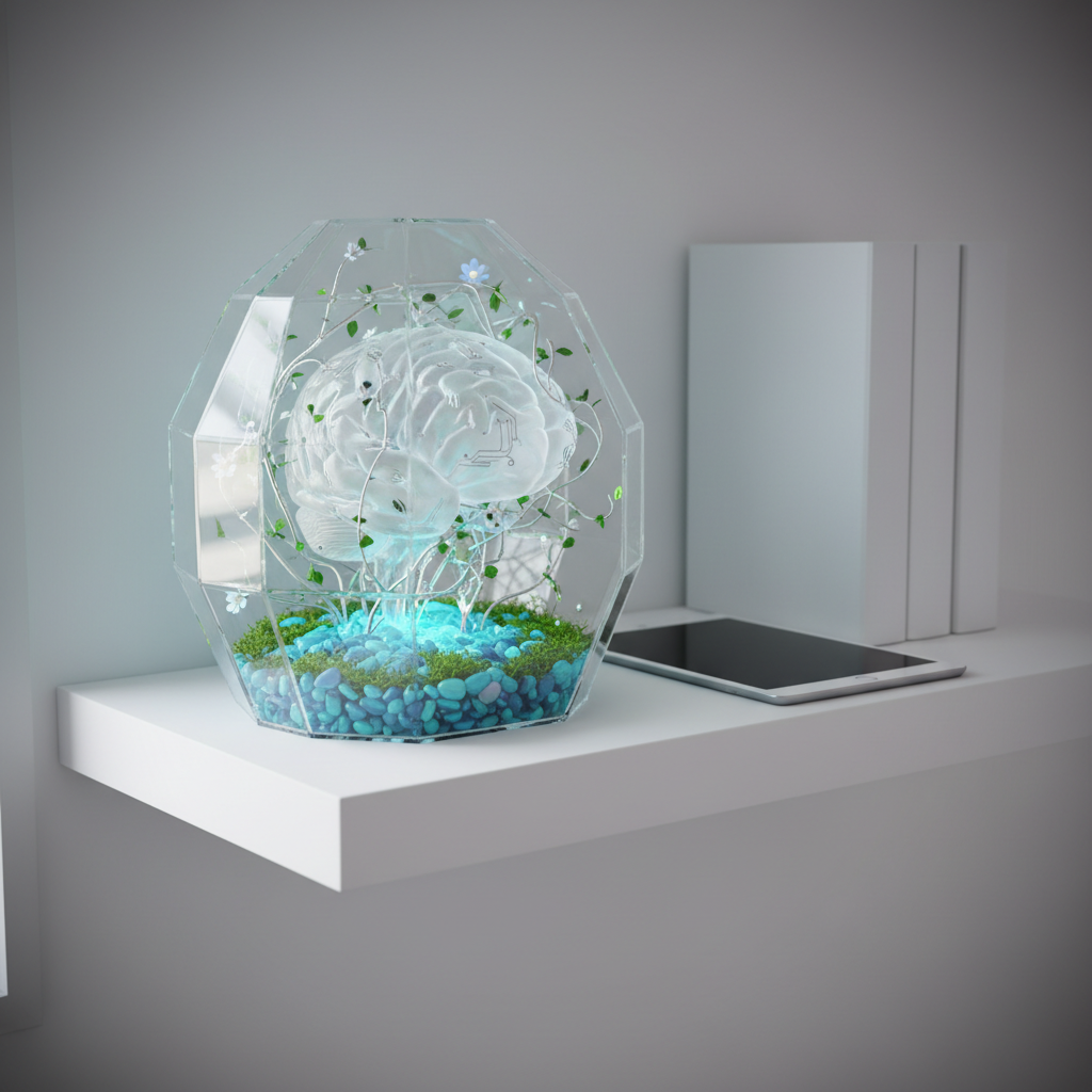 An imaginative yet realistic scene of a small, transparent acrylic “brain garden” terrarium on a white shelf: inside, a brain-shaped structure made of frosted glass is intertwined with tiny circuit-like silver vines, from which miniature green leaves sprout, symbolizing thriving in an AI world. The shelf also holds a few neatly stacked science books with blank spines and a simple, modern tablet in sleep mode. Soft, diffused overcast light enters from the side, creating a serene, even illumination and faint reflections on the acrylic walls. Photographed in a clean, minimal style with a gentle vignette and shallow depth of field, the mood is optimistic and nurturing, merging brain development, technology, and growth.