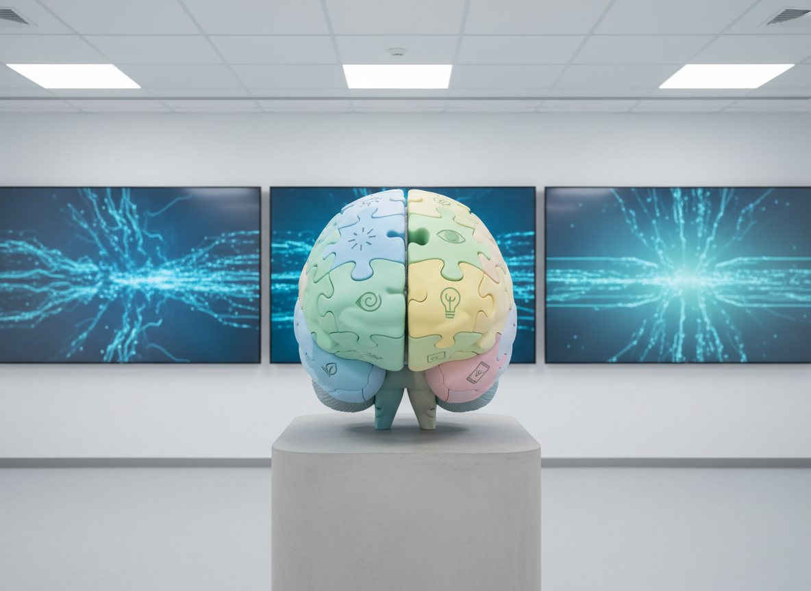 A stylized, life-sized puzzle-brain sculpture made of interlocking matte pastel pieces stands upright on a smooth concrete pedestal in a bright, modern learning lab. Each puzzle segment shows small, abstract icons representing focus, memory, creativity, and healthy tech use, without any text. In the background, large wall screens display soft, blurred AI data visualizations in cool blues and teals. Overhead, even studio lighting creates clean, shadow-free illumination, emphasizing the shapes and contours of the brain. Shot straight-on with sharp focus throughout, this photographic, clean composition conveys a professional, evidence-based approach to building kids’ cognitive skills and digital wellness, piece by piece.