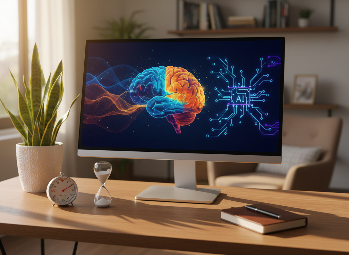A cozy, thoughtfully organized digital wellness corner with a large, high-resolution monitor displaying an abstract, colorful brain heat map next to a simplified AI circuit diagram. On the wooden desk below, an analog timer, a small sand hourglass, and a closed journal symbolize focus and healthy screen breaks. A lush green plant in a white ceramic pot softens the scene. Warm afternoon light from a nearby window casts gentle, elongated shadows, adding depth and calmness. Photographic realism from a slightly wide, eye-level perspective, with balanced composition and subtle bokeh in the background. The mood is reassuring and structured, reflecting balanced screen use and intentional AI learning habits for growing minds.