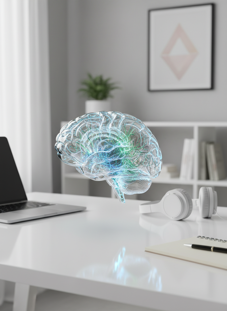 A sleek, transparent anatomical brain model made of clear glass-like material floats above a clean white desk, its neural pathways subtly illuminated in soft blues and greens to suggest healthy development. Around it, neatly arranged are a closed laptop, a simple graphite notebook, and a pair of wireless headphones, all in neutral tones. Soft morning light from an unseen window washes across the desk, creating gentle reflections on the brain’s surface. Photographic realism at eye level, with a shallow depth of field that softly blurs a minimal, modern study space in the background. The mood is calm, focused, and professional, visually suggesting evidence-based learning about AI, attention, and digital wellness.
