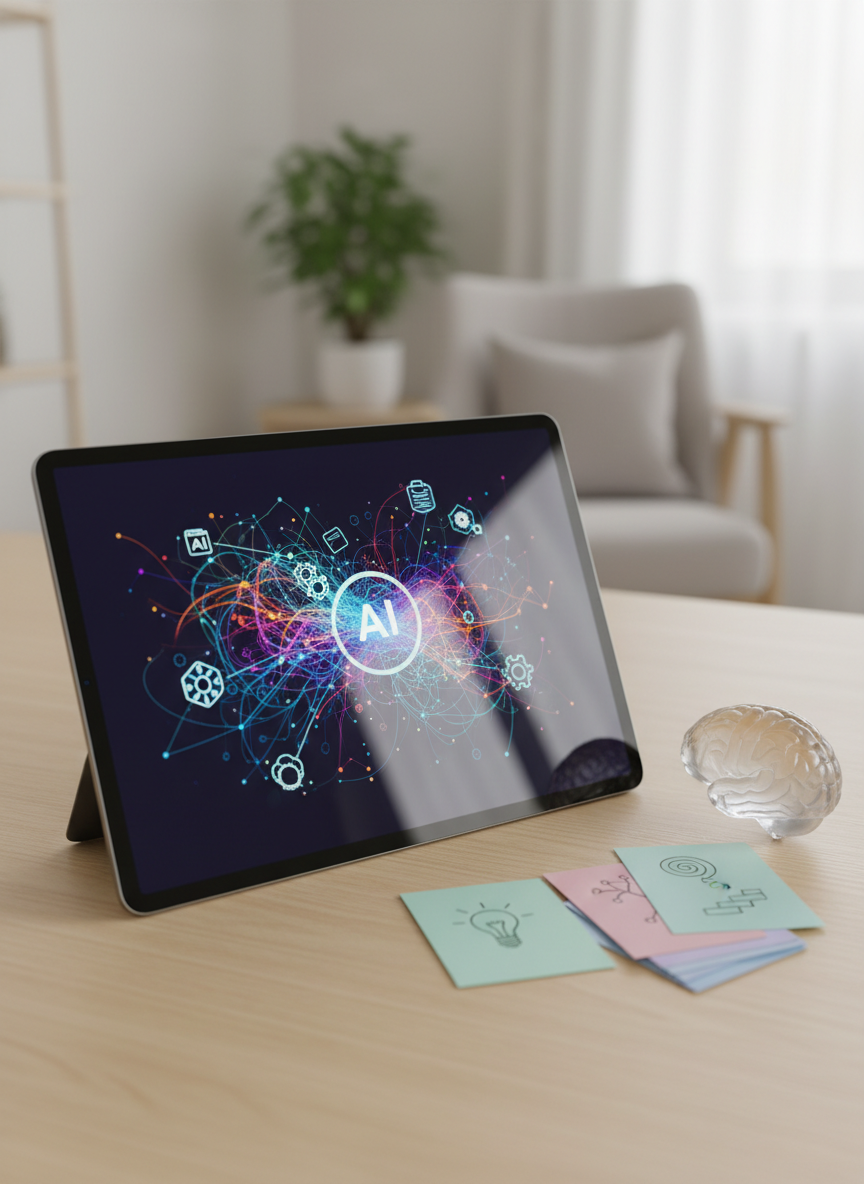 A highly detailed close-up of a tablet screen displaying an abstract, non-textual interface of colorful neural networks and AI icons, resting on a light birch wood table. Beside it, a small translucent brain figurine sits next to a stack of pastel index cards representing memory and learning strategies. Diffused daylight from the side creates soft, natural reflections on the tablet glass and gentle shadows beneath the objects. Captured from a slightly elevated angle in photographic realism, with the background gently out of focus, hinting at a bright, modern home environment. The atmosphere feels inviting and educational, illustrating how AI tools can support independent thinking without overwhelming attention or cognitive load.